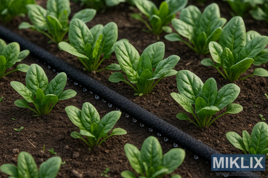 Крупный план растений шпината, которые поливают с помощью шланга на грядке с влажной почвой. Крупный план растений шпината, которые поливают с помощью шланга на грядке с влажной почвой.