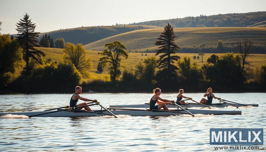 Rowers glide across a calm lake under golden sunlight with lush trees and hills in the background. Rowers glide across a calm lake under golden sunlight with lush trees and hills in the background.