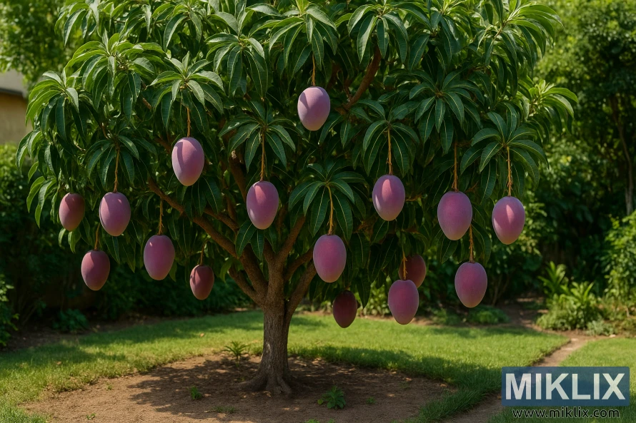 A lush mango tree in a home garden with ripe purple-pink mangoes hanging from its branches.
