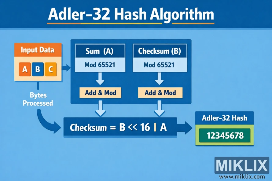 Landscape infographic showing input data flowing through two running sums labeled A and B, combined to form an Adler-32 hash.
