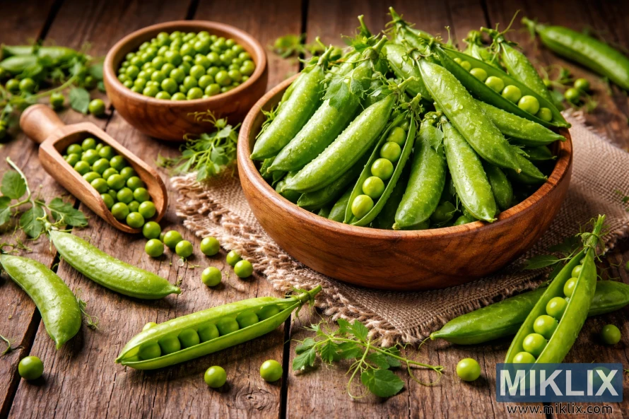 Semangkuk kacang polong hijau segar dan polong yang diselimuti embun tersusun di atas meja kayu pedesaan dengan kacang polong yang sudah dikupas dan sulur-sulurnya berserakan.