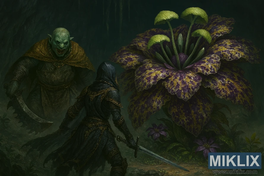 Anime-style Tarnished facing Omenkiller and Miranda the Blighted Bloom in a misty cavern Anime-style Tarnished facing Omenkiller and Miranda the Blighted Bloom in a misty cavern