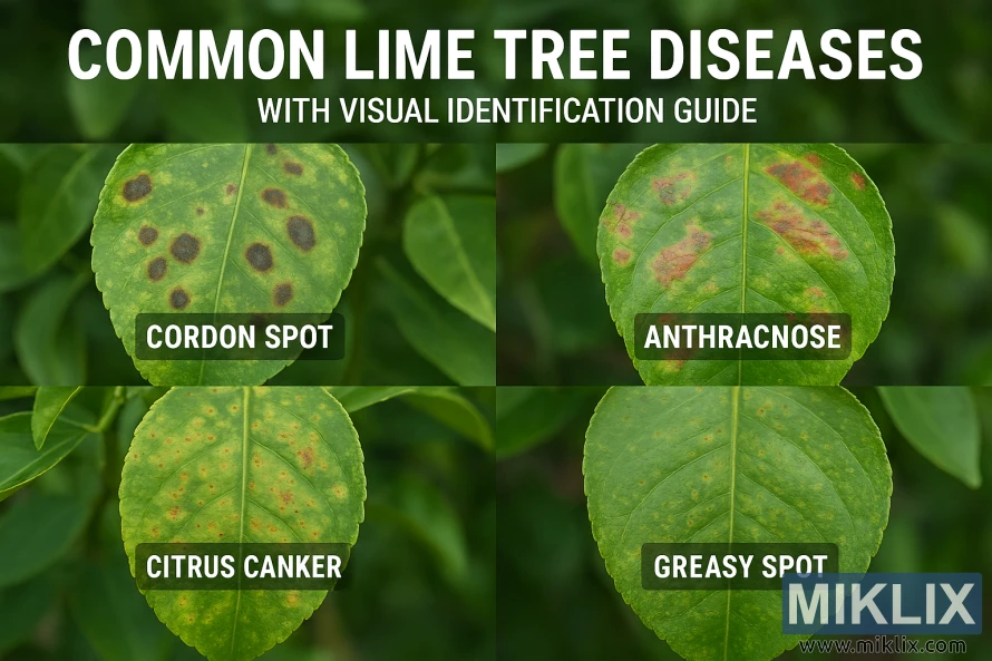 High-resolution educational image showing five common lime tree diseases with labeled leaf symptoms