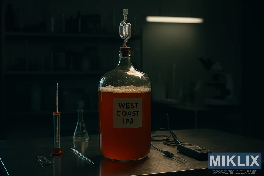 Стаклен вагон од IPA на Западниот брег опкружен со инструменти за производство на пиво во слабо осветлена лабораторија Стаклен вагон од IPA на Западниот брег опкружен со инструменти за производство на пиво во слабо осветлена лабораторија