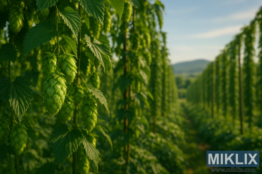 Close-up of dew-covered Backa hop cones hanging from lush green vines in a sunlit hop garden with trellises and rolling hills softly blurred in the background.