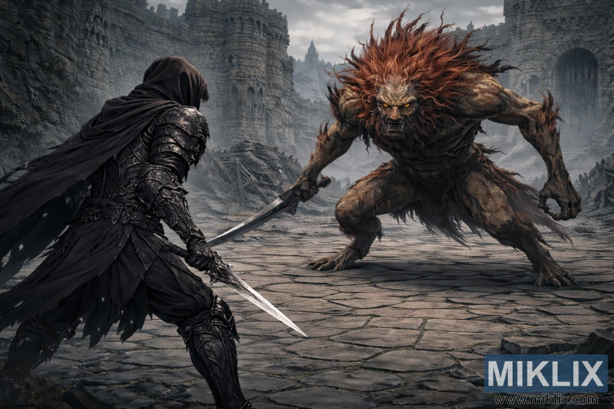 एनीमे फैंटेसी सीन में, जिसमें टार्निश्ड इन ब्लैक नाइफ आर्मर को पीछे से देखा गया है, जो खंडहर कैसल मोर्ने के आंगन में एक बड़े लियोनिन मिसबिगॉटन बॉस का करीब से सामना कर रहा है।