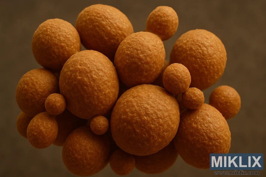 Makrobilde av ravfargede fenoliske gjærceller med ru teksturerte overflater i mykt lys.