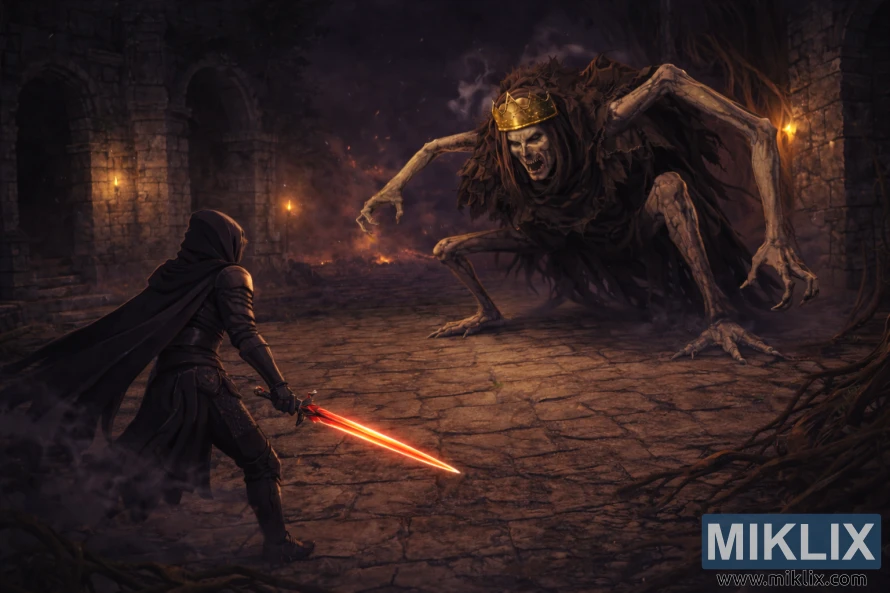 ଆନିମେ-ଶୈଳୀର ଏଲଡେନ୍ ରିଙ୍ଗ ଫ୍ୟାନ୍ ଆର୍ଟରେ କଳା ଛୁରୀରେ ଟାର୍ଣ୍ଣିସ୍ଡ୍ କବଚକୁ ଡାହାଣ ହାତରେ ଏକ ଚମକଦାର ଲାଲ ଖଣ୍ଡା ଧରି ଦେଖାଉଛନ୍ତି ଯେତେବେଳେ ରୟାଲ୍ ରେଭେନାଣ୍ଟ କିଙ୍ଗସ୍ରିଲ୍ମ ଧ୍ୱଂସାବଶେଷରେ ନିକଟତର ହେଉଛି।