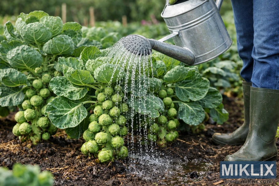 Gardener watering Brussels sprouts at soil level with a metal watering can in a vegetable garden