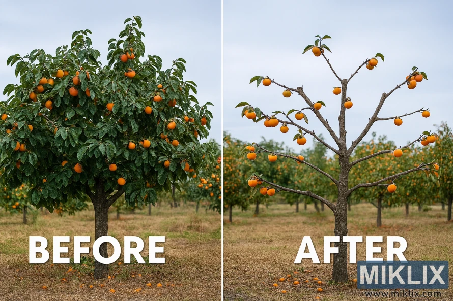 Side-by-side comparison of persimmon trees before and after pruning in an orchard setting Side-by-side comparison of persimmon trees before and after pruning in an orchard setting