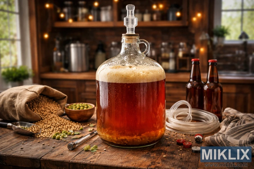 Isang karbohayderong salamin na puno ng nabuburo na American ale sa isang simpleng mesang kahoy, napapalibutan ng malt, hops, bote, at mga kagamitan sa paggawa ng serbesa sa isang mainit na kusina para sa paggawa ng serbesa sa bahay.