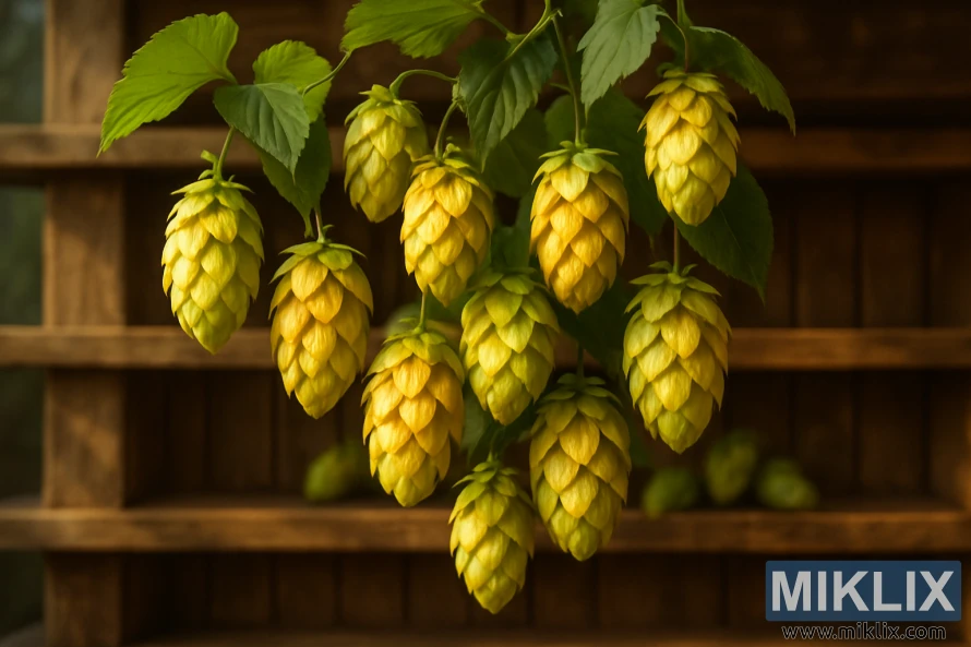 Svaigi zaļi un zeltaini apiņu rogas karājas zemniecisku koka plauktu priekšā. Svaigi zaļi un zeltaini apiņu rogas karājas zemniecisku koka plauktu priekšā.