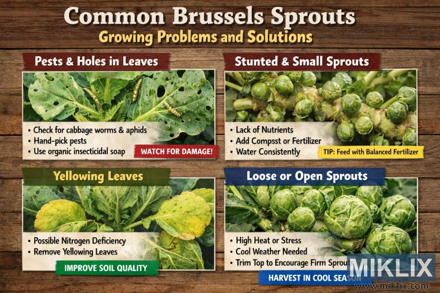 Infographic showing common Brussels sprouts growing problems such as pests, yellowing leaves, small sprouts, and loose sprouts, with photos and practical gardening solutions.