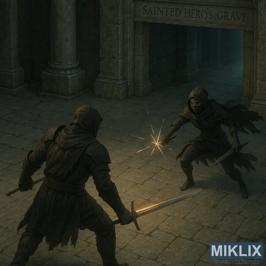 Realistic fantasy scene of the Tarnished and a Black Knife Assassin fighting before the Sainted Hero’s Grave entrance.