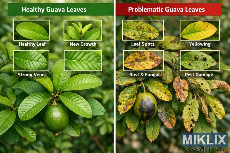Side-by-side comparison of healthy guava leaves and guava leaves affected by yellowing, leaf spots, fungal disease, and pest damage.