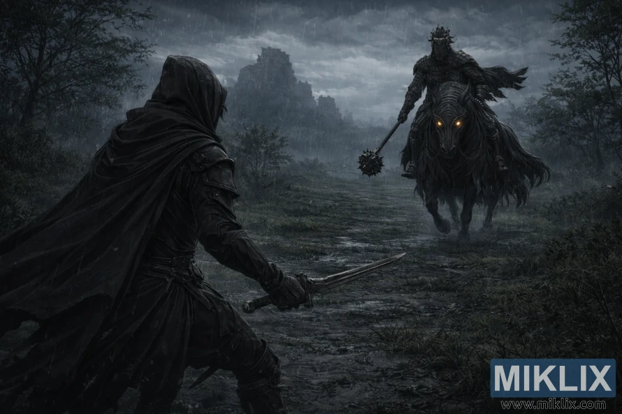 Realistic dark fantasy scene of a cloaked warrior facing a mounted armored knight with a flail in a rainy ruined landscape at night.