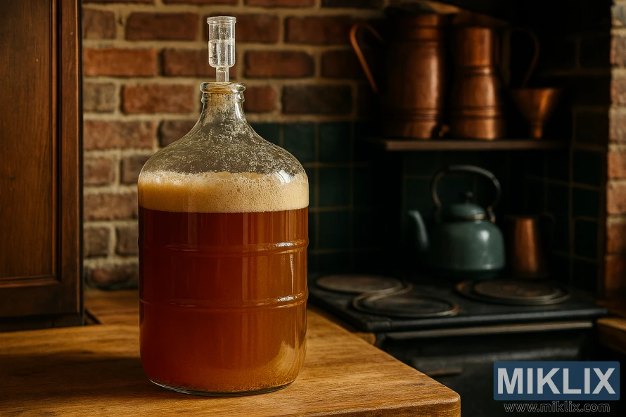 Stakleni demižon s fermentirajućim engleskim pivom u tradicionalnoj britanskoj kuhinji kućnog pivarstva