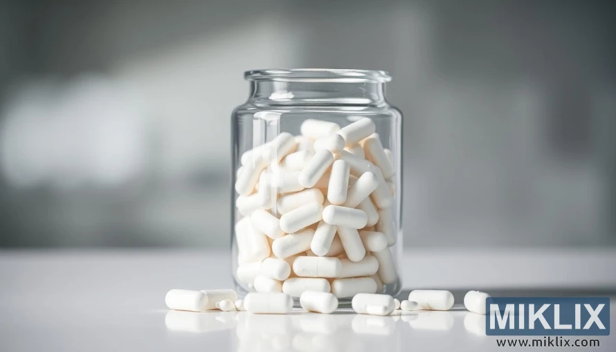 Staklena posuda s bijelim leucinskim kapsulama na čistoj bijeloj površini. Staklena posuda s bijelim leucinskim kapsulama na čistoj bijeloj površini.