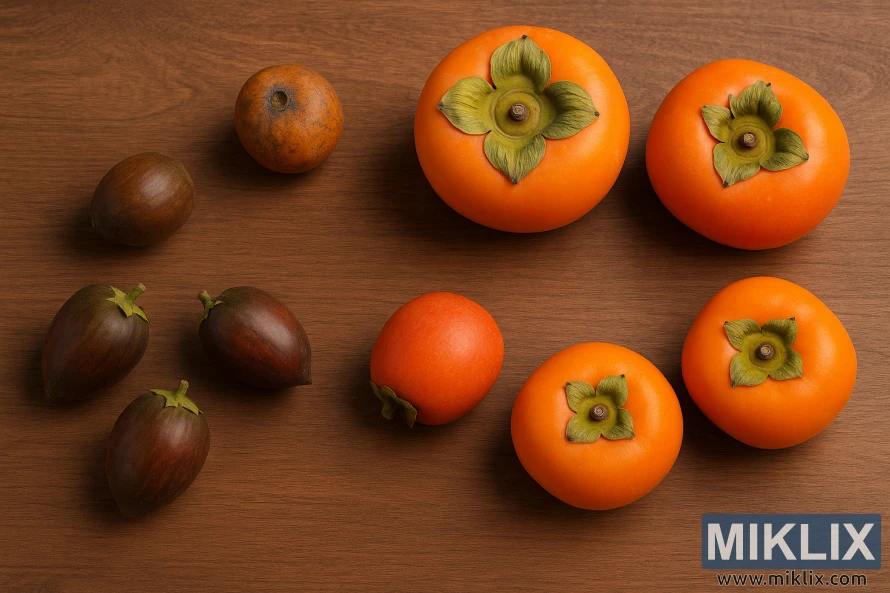 Different varieties of persimmons including American, Asian, and chocolate types arranged on a wooden table in soft natural light. Different varieties of persimmons including American, Asian, and chocolate types arranged on a wooden table in soft natural light.