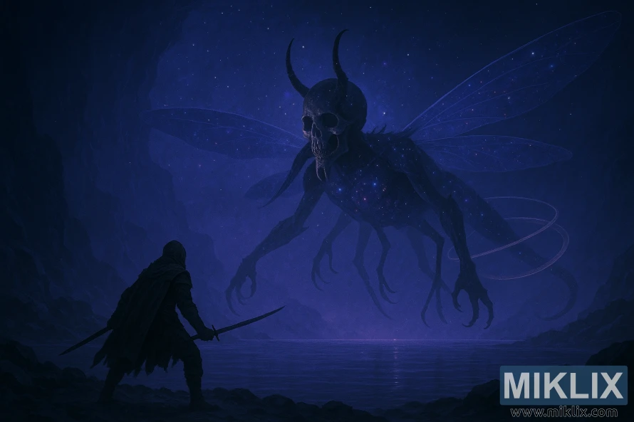 A dark fantasy scene of a Tarnished warrior facing a vast, translucent celestial insect creature with a horned skull and glowing wings in a blue-purple cavern. A dark fantasy scene of a Tarnished warrior facing a vast, translucent celestial insect creature with a horned skull and glowing wings in a blue-purple cavern.
