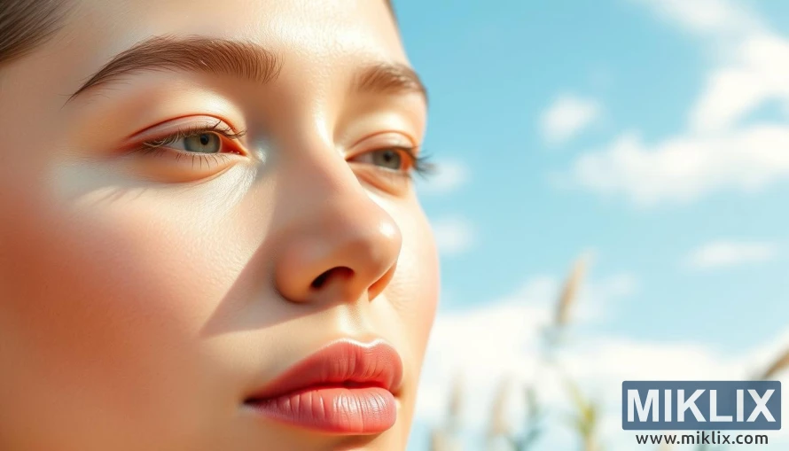 ภาพระยะใกล้ของนางแบบที่มีผิวเปล่งปลั่งท่ามกลางฉากหลังธรรมชาติอันเงียบสงบ ภาพระยะใกล้ของนางแบบที่มีผิวเปล่งปลั่งท่ามกลางฉากหลังธรรมชาติอันเงียบสงบ