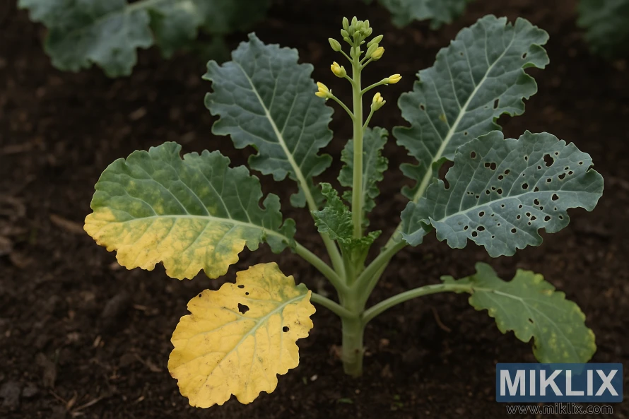 Close-up of a kale plant with yellowing leaves, pest holes, and a central flowering stalk indicating bolting.