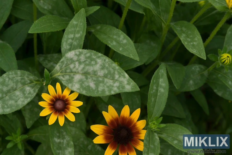 Close-up of Black-Eyed Susan leaves with powdery mildew, showing white fungal coating on green foliage beside bright yellow flowers. Close-up of Black-Eyed Susan leaves with powdery mildew, showing white fungal coating on green foliage beside bright yellow flowers.