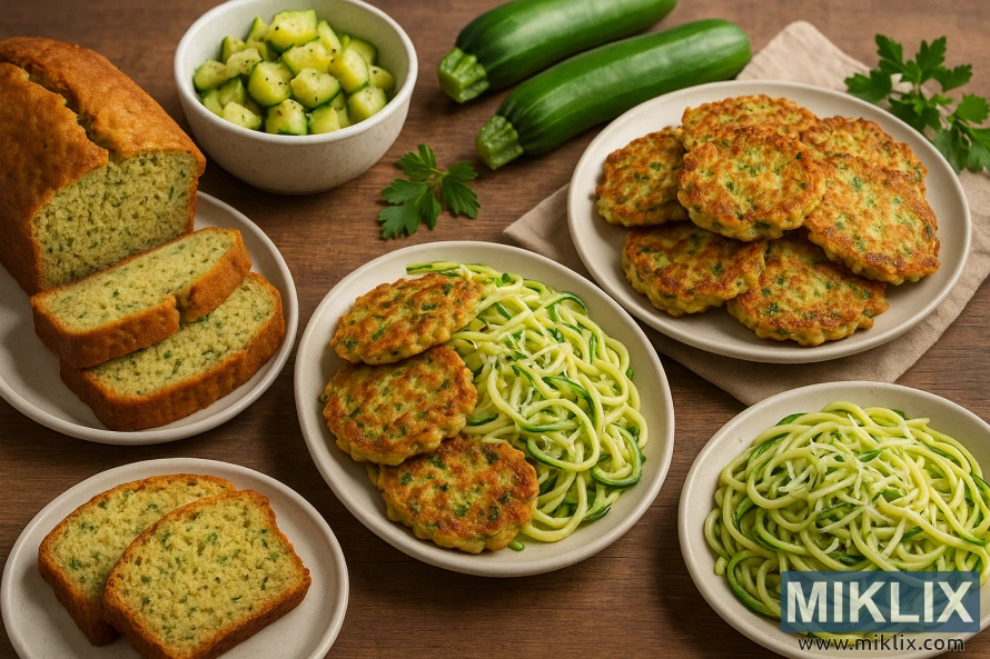 ਲੱਕੜ ਦੇ ਮੇਜ਼ 'ਤੇ ਕਈ ਤਰ੍ਹਾਂ ਦੇ ਉਲਚੀਨੀ ਪਕਵਾਨ, ਜਿਨ੍ਹਾਂ ਵਿੱਚ ਬਰੈੱਡ, ਪਕੌੜੇ ਅਤੇ ਉਲਚੀਨੀ ਨੂਡਲਜ਼ ਸ਼ਾਮਲ ਹਨ, ਰੱਖੇ ਹੋਏ ਹਨ। ਲੱਕੜ ਦੇ ਮੇਜ਼ 'ਤੇ ਕਈ ਤਰ੍ਹਾਂ ਦੇ ਉਲਚੀਨੀ ਪਕਵਾਨ, ਜਿਨ੍ਹਾਂ ਵਿੱਚ ਬਰੈੱਡ, ਪਕੌੜੇ ਅਤੇ ਉਲਚੀਨੀ ਨੂਡਲਜ਼ ਸ਼ਾਮਲ ਹਨ, ਰੱਖੇ ਹੋਏ ਹਨ।