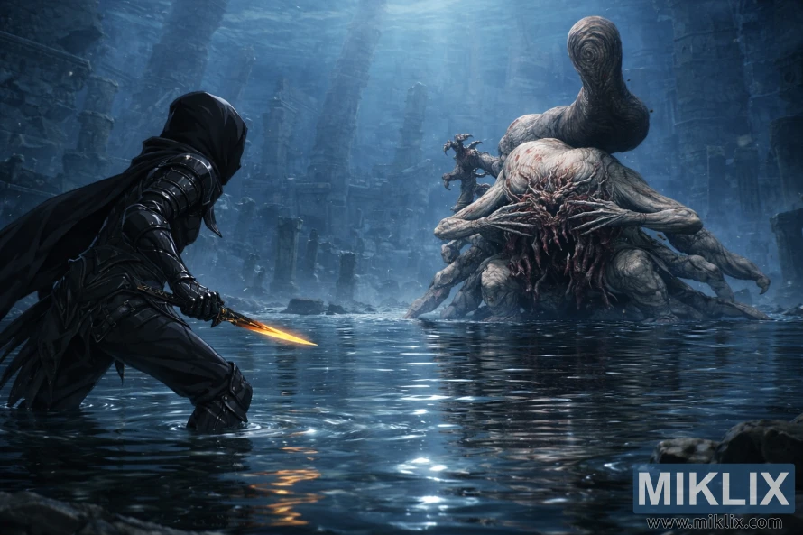 Anime-style fan art of the Tarnished in Black Knife armor standing knee-deep in shallow water while facing Metyr, Mother of Fingers, in the flooded Finger Ruins of Miyr. Anime-style fan art of the Tarnished in Black Knife armor standing knee-deep in shallow water while facing Metyr, Mother of Fingers, in the flooded Finger Ruins of Miyr.