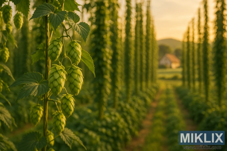 Алтан нарны гэрэлд гялалзаж буй ногоон хоп боргоцойн эгнээ, бүдгэрсэн дэвсгэр дэх фермийн байшинтай ойрын зураг. Алтан нарны гэрэлд гялалзаж буй ногоон хоп боргоцойн эгнээ, бүдгэрсэн дэвсгэр дэх фермийн байшинтай ойрын зураг.