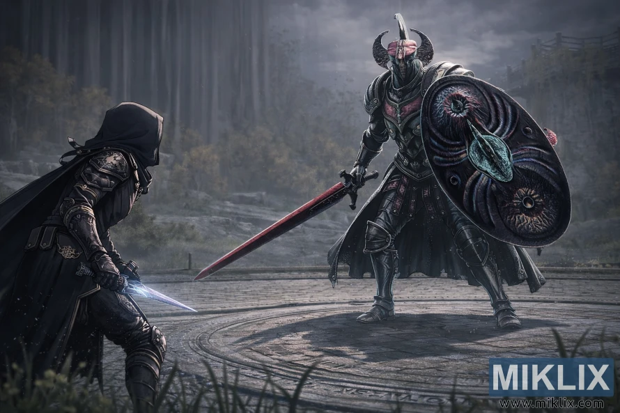 Anime-style fan art of the Tarnished in Black Knife armor facing a towering Crucible Knight in Stormhill Evergaol just before combat. Anime-style fan art of the Tarnished in Black Knife armor facing a towering Crucible Knight in Stormhill Evergaol just before combat.