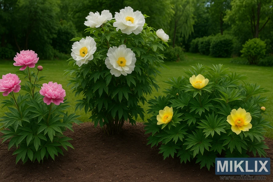 Herbaceous, tree, and intersectional peonies blooming together in a lush garden setting on a bright summer day.