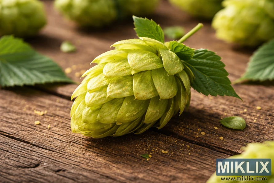 Close-up of a fresh Bitter Gold hop cone resting on a rustic wooden table with visible lupulin and soft natural lighting.