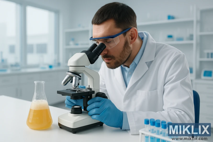 Scientist in white lab coat and gloves studying a yeast culture through a microscope in a clean, bright laboratory with flask and test tubes.