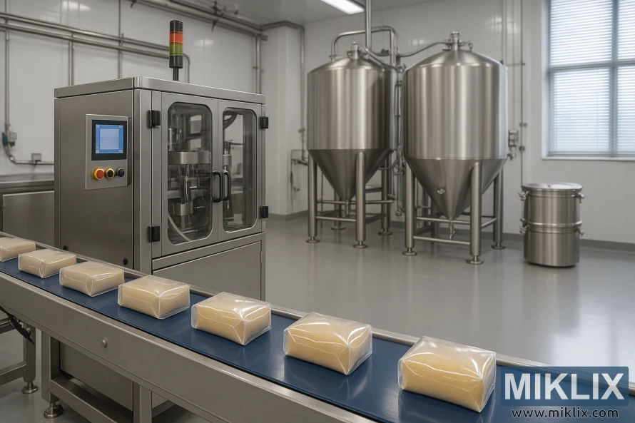 Vakuumforseglede tørrgjærpakker på et transportbånd i et skinnende rent anlegg.