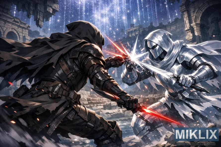 Váll fölött viselt anime rajongói grafika, amelyen a Fekete Kés páncélba öltözött Tarnished látható, amint vörösen izzó tőrei összecsapnak az ezüstös Mimic Könnycseppel Nokron, az Örök Város csillagos fényű romjai között. Váll fölött viselt anime rajongói grafika, amelyen a Fekete Kés páncélba öltözött Tarnished látható, amint vörösen izzó tőrei összecsapnak az ezüstös Mimic Könnycseppel Nokron, az Örök Város csillagos fényű romjai között.