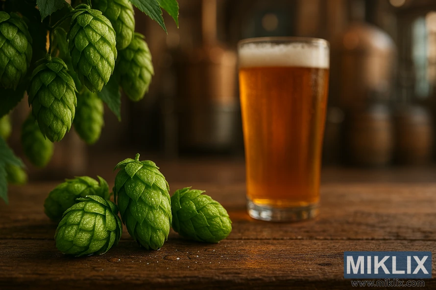 Close-up of Summit hops and golden beer with blurred brewery background Close-up of Summit hops and golden beer with blurred brewery background
