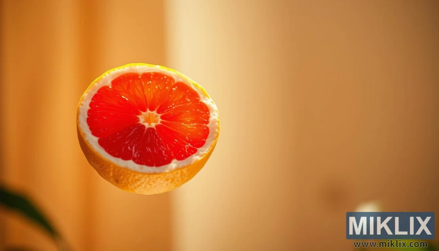 Lähivõte erksavärvilisest greibist, mille mahlased segmendid on soojas valguses nähtavad.