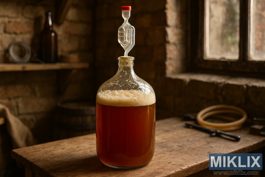 Glass carboy of fermenting British ale on a wooden table in a rustic homebrewing room. Glass carboy of fermenting British ale on a wooden table in a rustic homebrewing room.