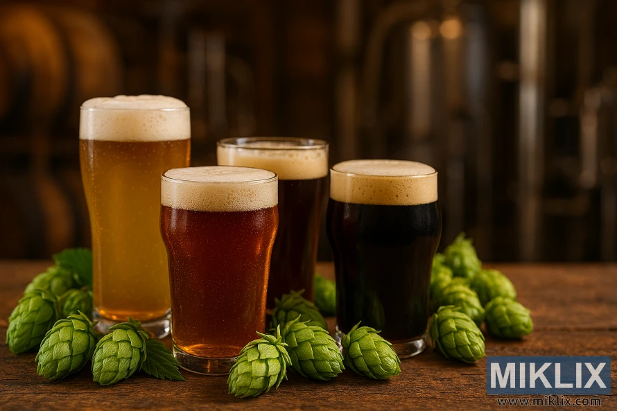 Three glasses of beer—lager, amber ale, and stout—on a rustic table with fresh Aurora hops and a blurred brewery background. Three glasses of beer—lager, amber ale, and stout—on a rustic table with fresh Aurora hops and a blurred brewery background.