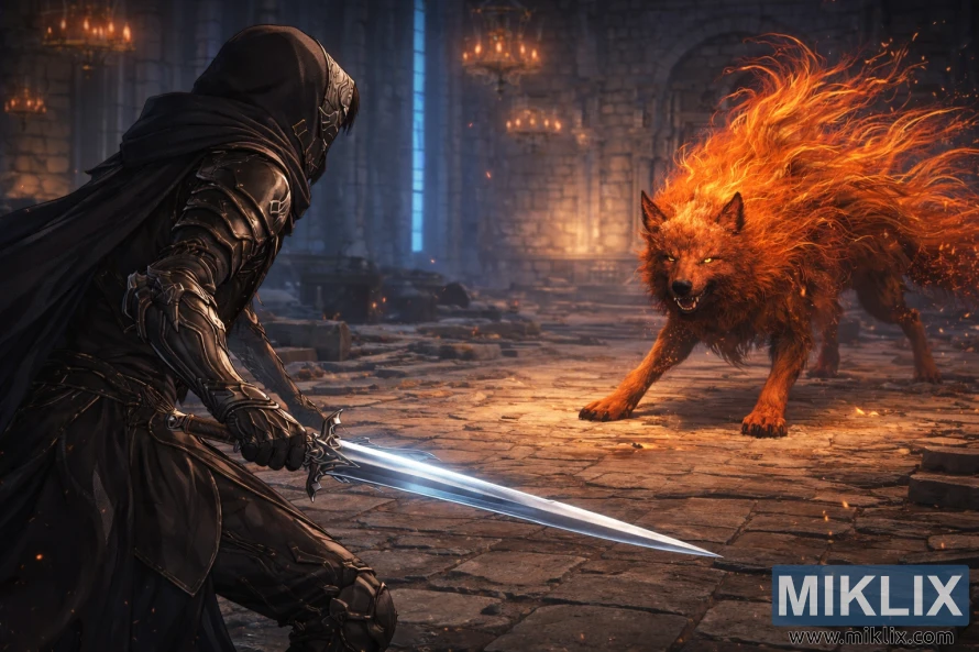 Isang fan art na istilong anime na nagpapakita ng mga Tarnished mula sa likuran sa kaliwa, na may hawak na espada at nakaharap sa Pulang Lobo ng Radagon sa loob ng mga guho ng Raya Lucaria Academy.