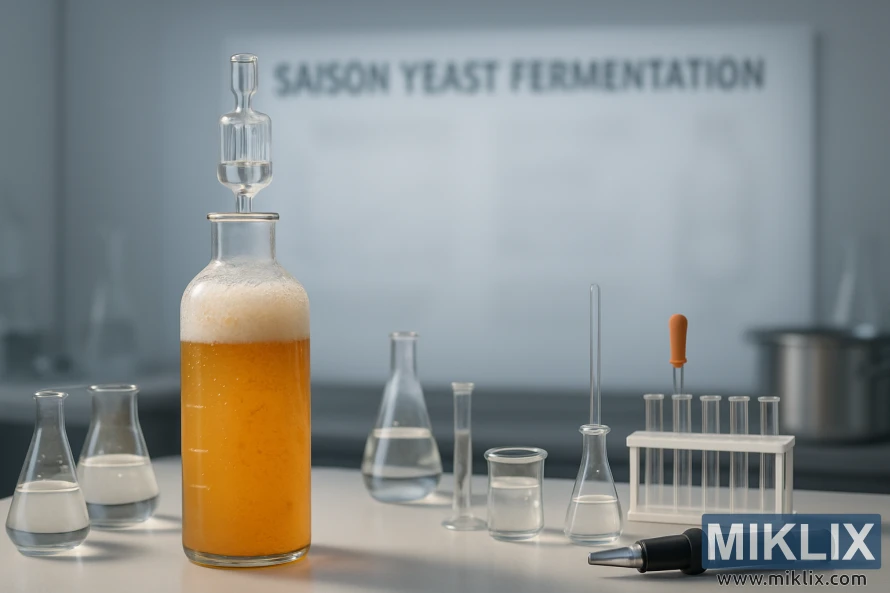 Tieteellinen laboratorio, jossa on fermentoivaa saison-hiivaa sisältävä astia ja lasitavaraa.