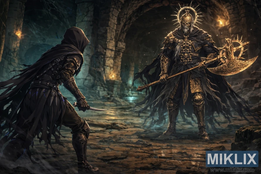 Anime style fan art of the Tarnished in Black Knife armor facing the Death Knight with a golden axe in a dark Elden Ring catacomb just before battle.