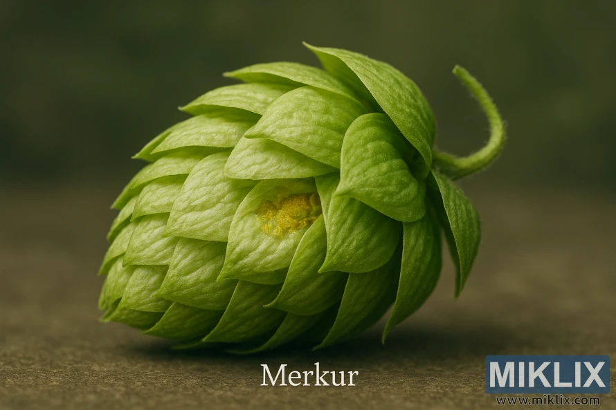 Κοντινό πλάνο πλευρικού προφίλ ενός φρεσκοκομμένου κώνου λυκίσκου Merkur που δείχνει τα ζωντανά πράσινα βράκτια του και τους χρυσούς αδένες λουπουλίνης υπό απαλό διάχυτο φωτισμό.