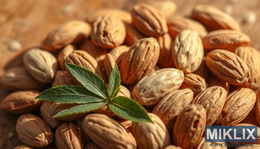 Կեղևազատված նուշի խոշոր պլան՝ բաց գույնի մսով և նշի տերևներով՝ տաք ֆոնի վրա: