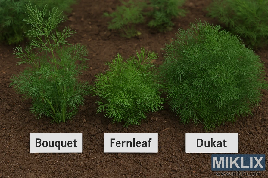 Bouquet, Fernleaf, and Dukat dill varieties growing side by side in a garden bed with labeled markers Bouquet, Fernleaf, and Dukat dill varieties growing side by side in a garden bed with labeled markers
