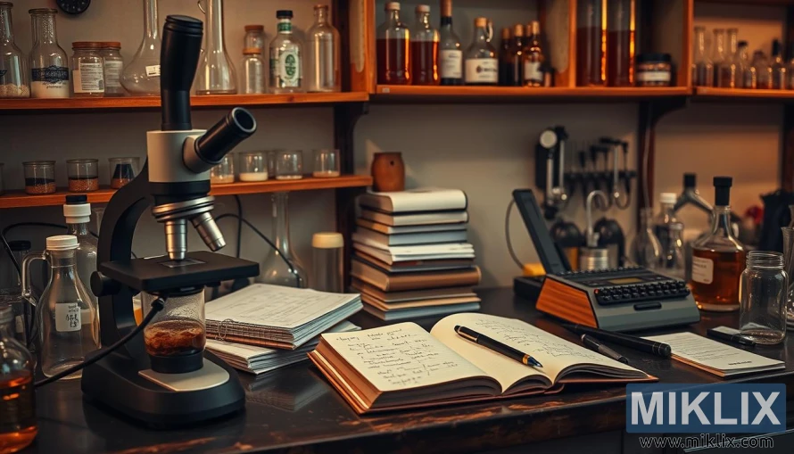 Rotete laboratoriebenk med mikroskop, boblekolbe og gjæringsnotater.