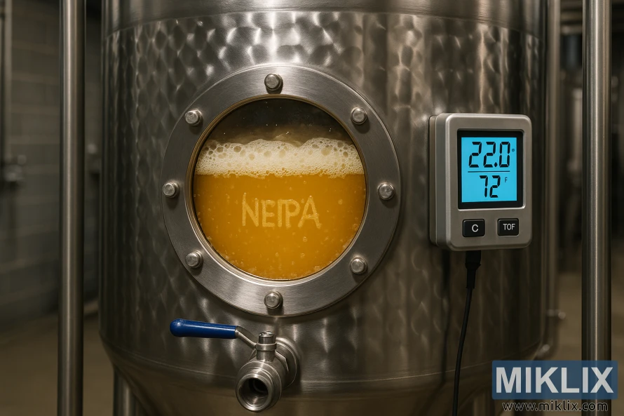 Close-up of a stainless steel brewery fermentation tank with a glass window showing fermenting New England IPA and a digital thermometer reading 22°C (72°F).