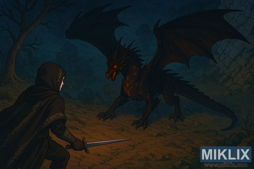 Fanowska grafika w stylu anime przedstawiająca Tarnished in Black Knife zbroi zwróconej w stronę latającego Lichdragona Fortissaxa w Deeproot Depths w Elden Ring, w widoku izometrycznym z podwyższonej perspektywy