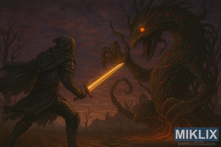 Dark fantasy image of Tarnished in Black Knife armor fighting serpent-tree Putrid Avatar in Dragonbarrow